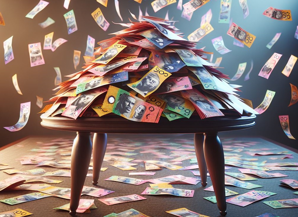 An AI-generated image of (definitely not legal tender!) cash raining onto a table
